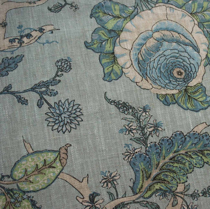 English Country House Jacobean Floral Linen Blue