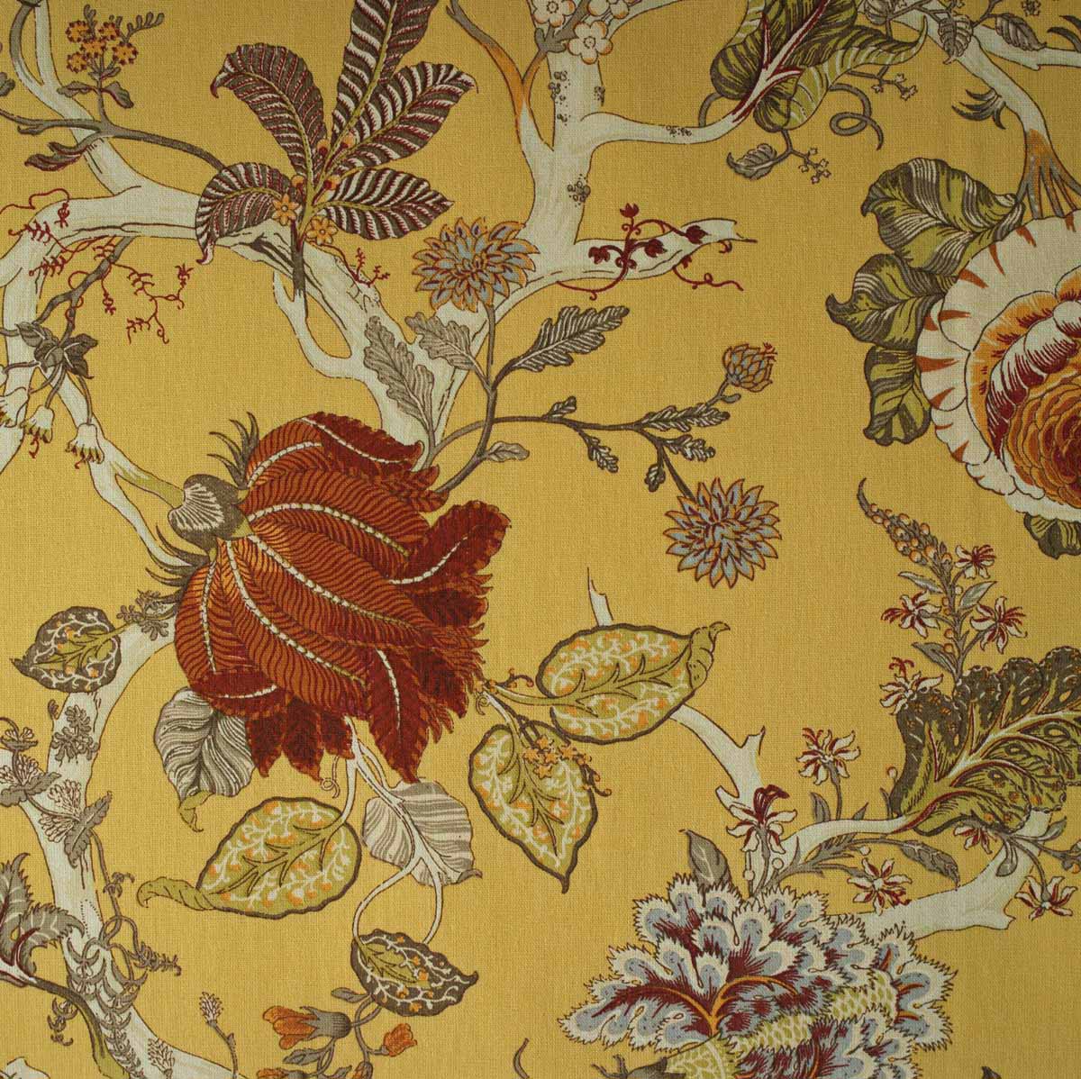 English Country House Jacobean Floral Cotton Soft Gold Double-Width
