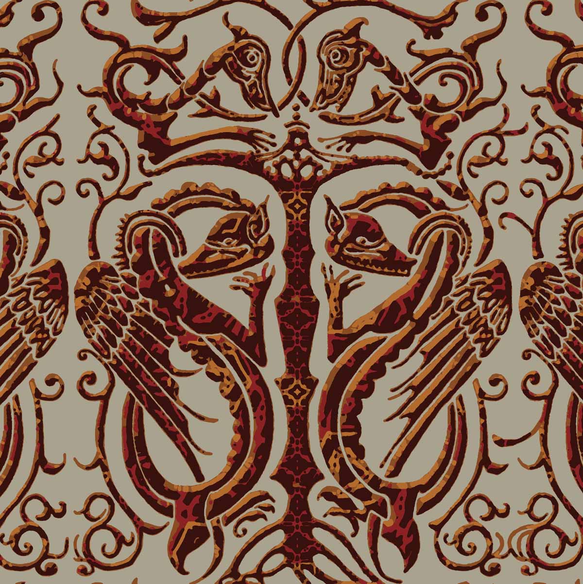 celtic medieval brown grey and orange cotton print curtain upholstery fabric - Guinevere Medieval Basilisks Large Scale Print