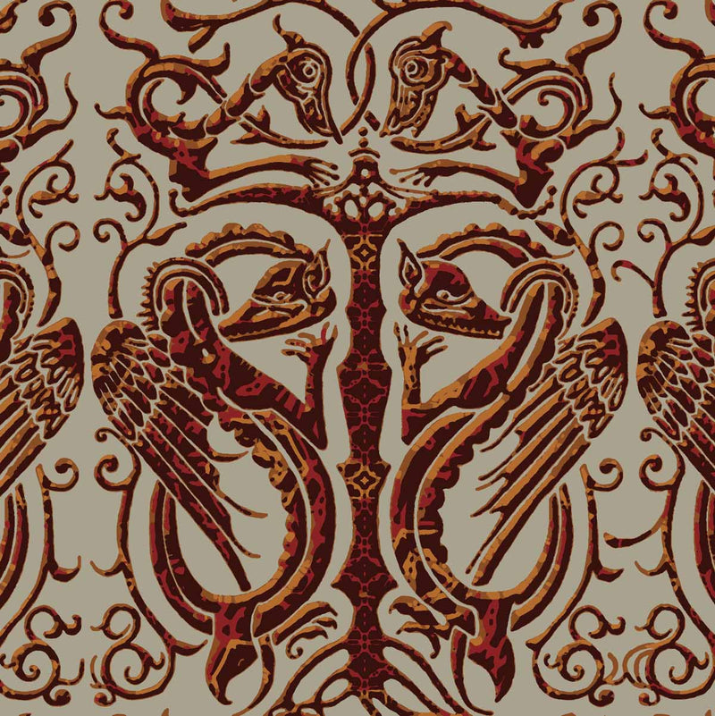celtic medieval brown grey and orange cotton print curtain upholstery fabric - Guinevere Medieval Basilisks Large Scale Print
