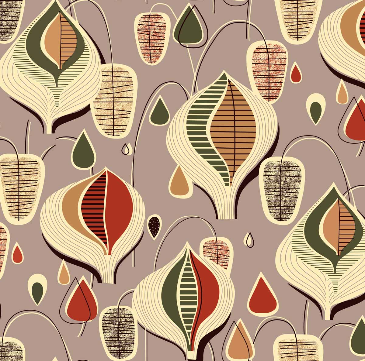 arts and crafts brown grey and orange cotton print curtain and upholstery fabric - Mid Century Prints 50s Floral Print