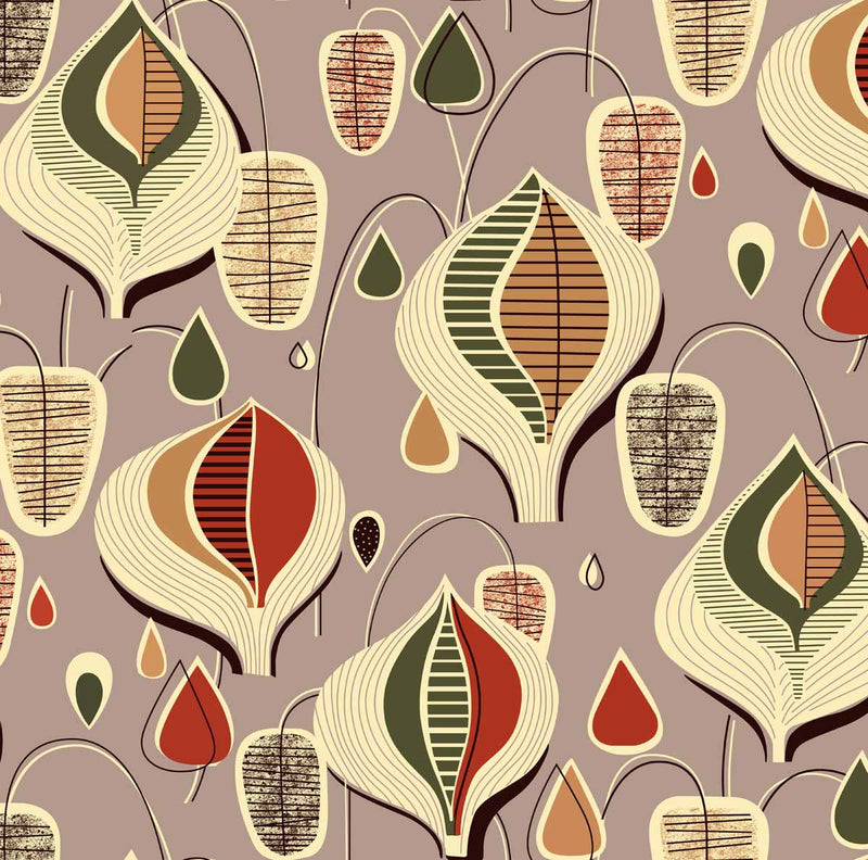 arts and crafts brown grey and orange cotton print curtain and upholstery fabric - Mid Century Prints 50s Floral Print