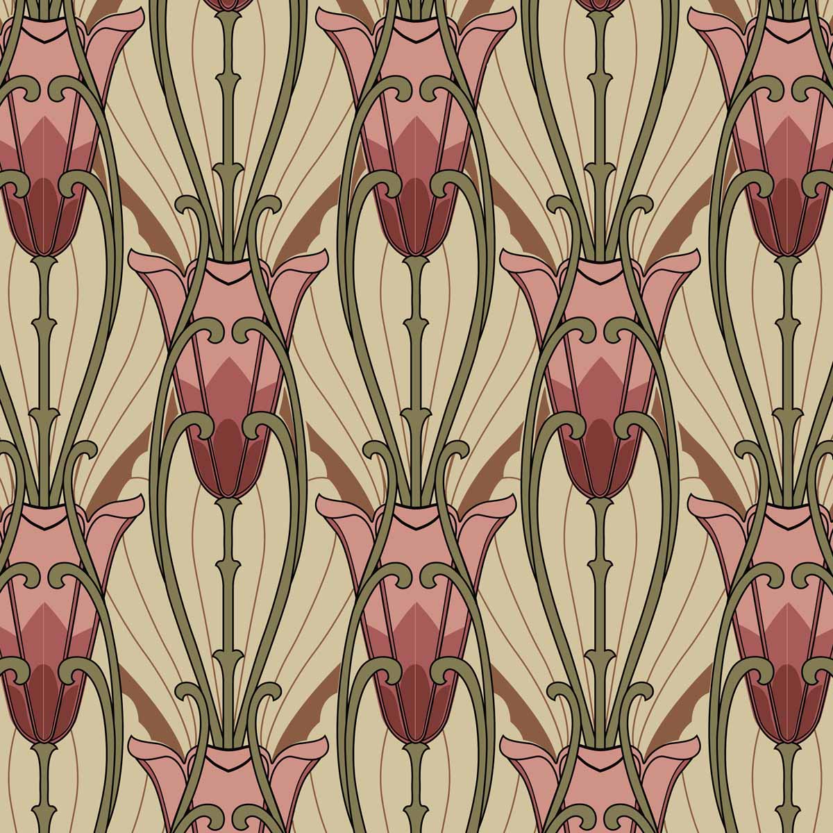 art deco art nouveau pink green  cotton print curtain and upholstery fabric - Art Nouveau Nouveau Tulips Print
