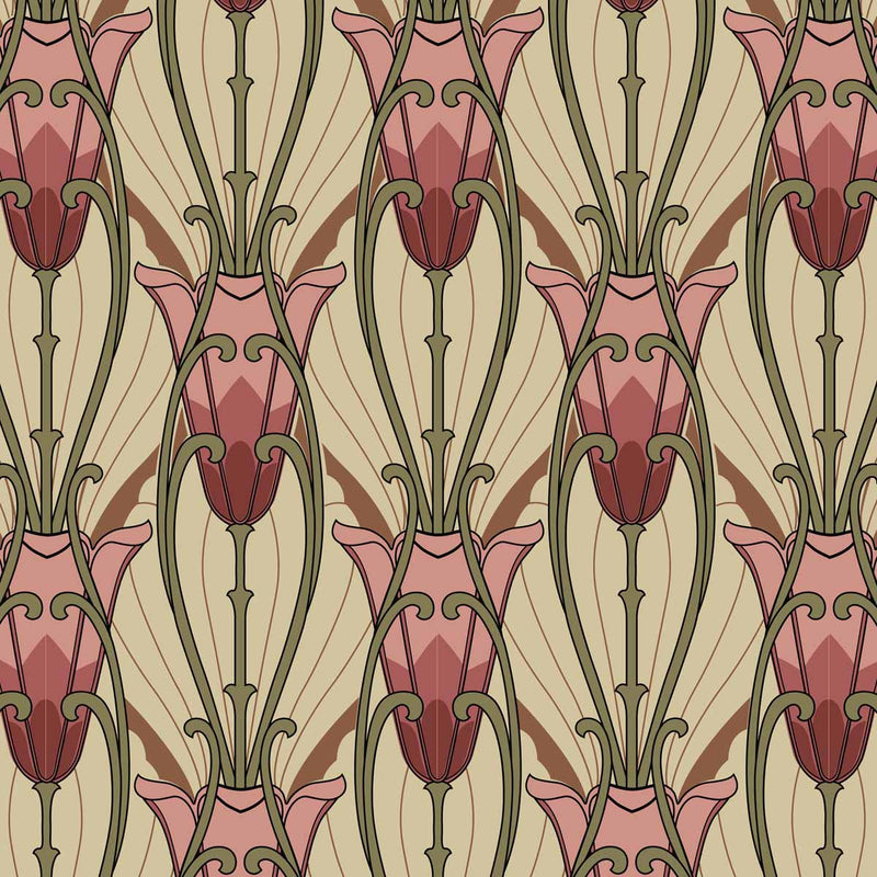 art deco art nouveau pink green  cotton print curtain and upholstery fabric - Art Nouveau Nouveau Tulips Print