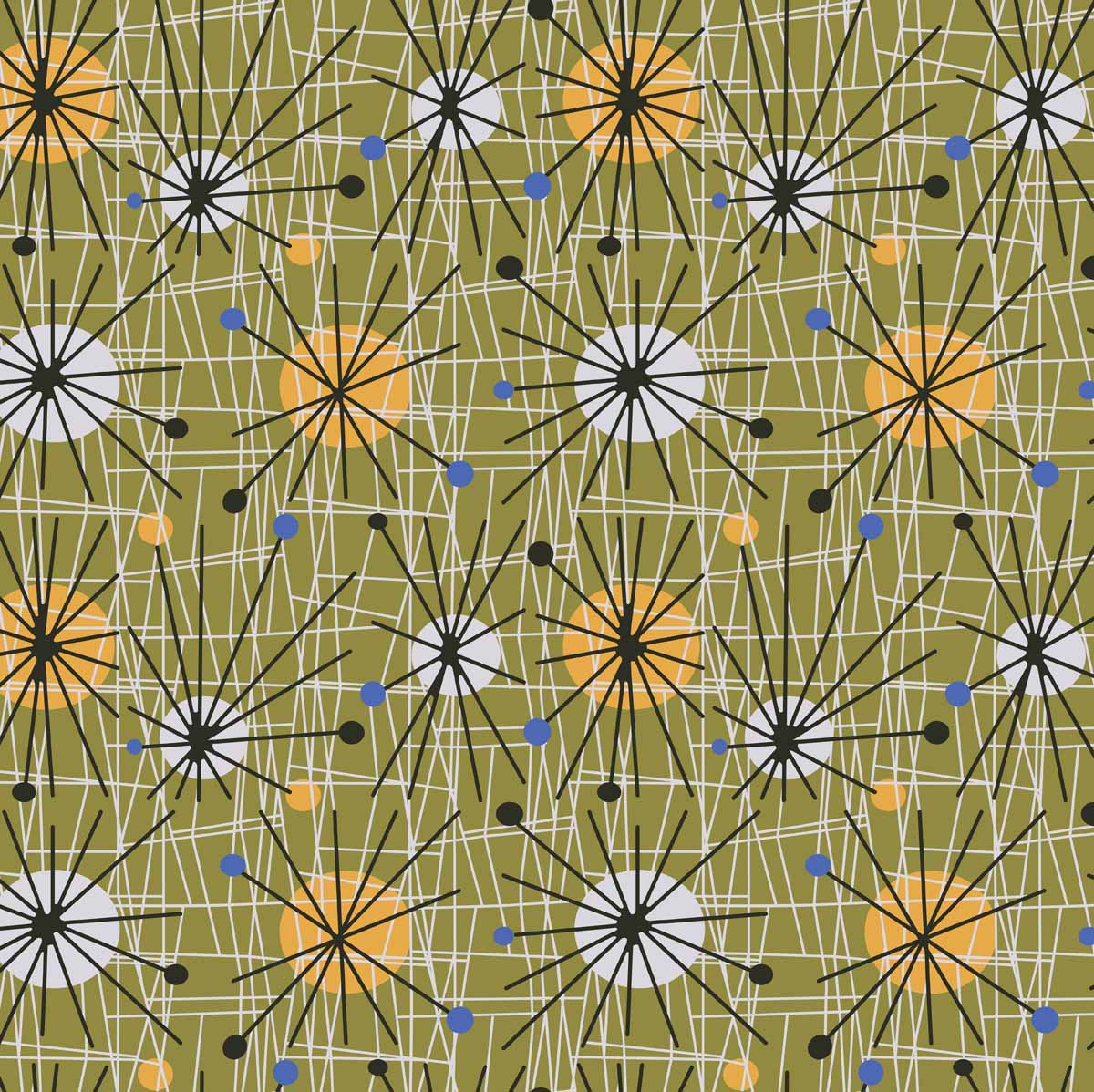 arts and crafts green cotton print curtain and upholstery fabric - Mid Century Prints Atomic Style Print