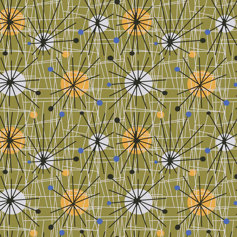arts and crafts green cotton print curtain and upholstery fabric - Mid Century Prints Atomic Style Print