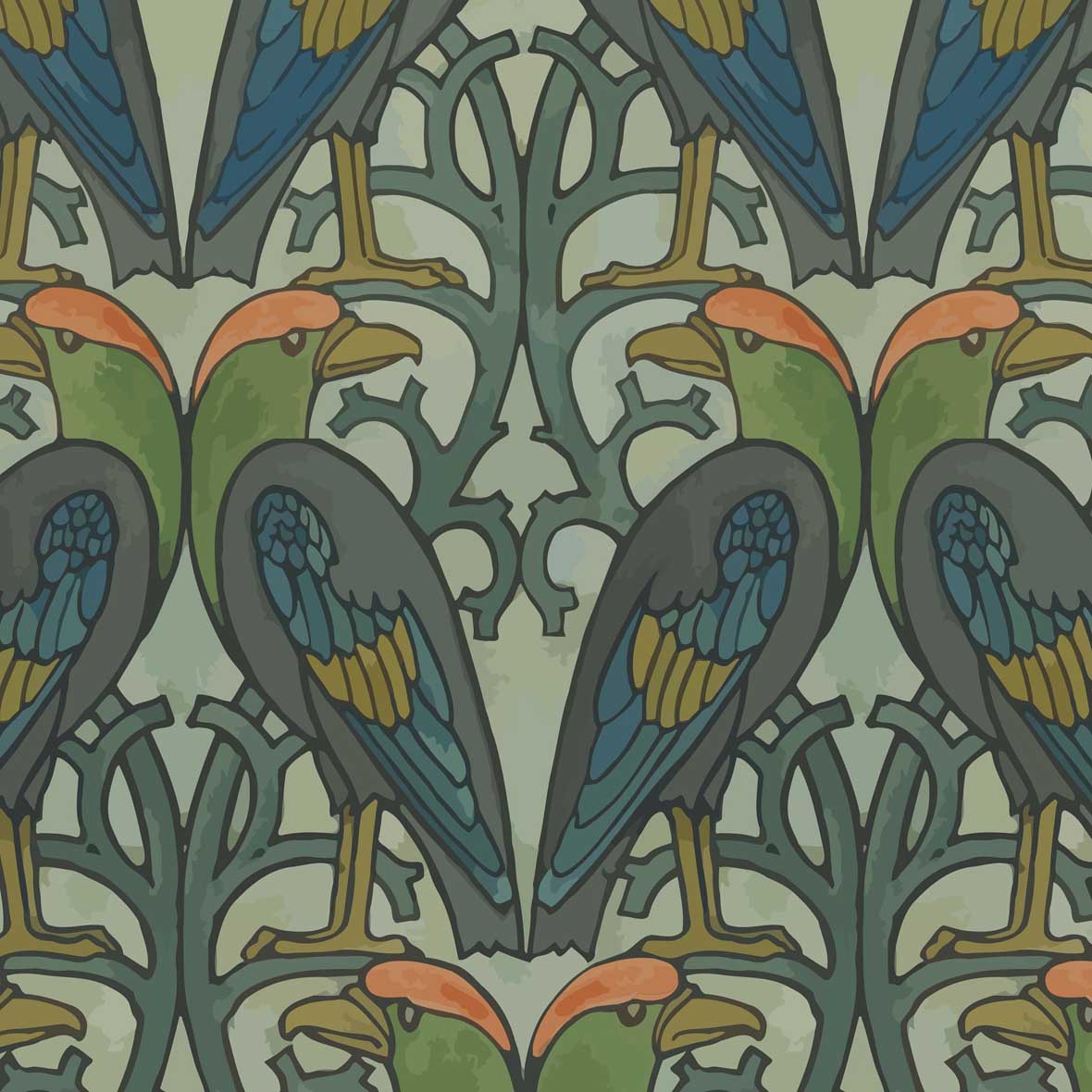 arts and crafts  gold brown and grey cotton print curtain and upholstery fabric - Charles Voysey Eagle and Leaf