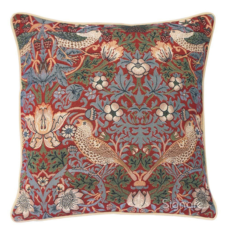 William Morris Strawberry Thief Tapestry Red Fabric Cushion