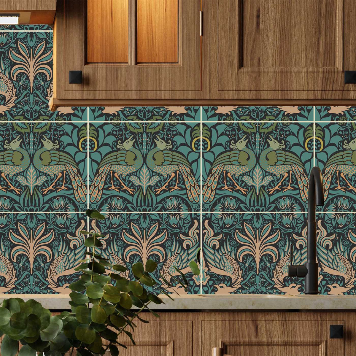 William Morris Tiles Peacocks and Dragons 25cm x 20cm Ceramic Tile, 2 piece set