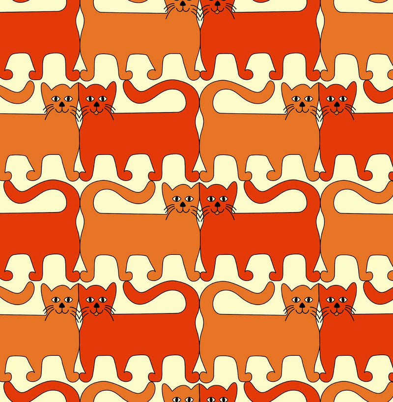 Orange and Red Cats | 1960s velvet curtain and upholstery fabric