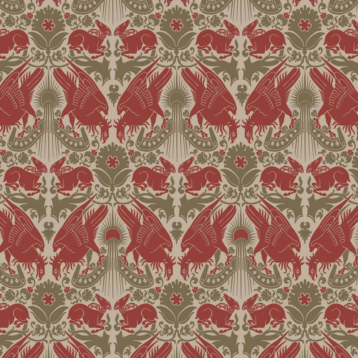 Fourteenth Century Griffins and Peacock curtain upholstery fabric