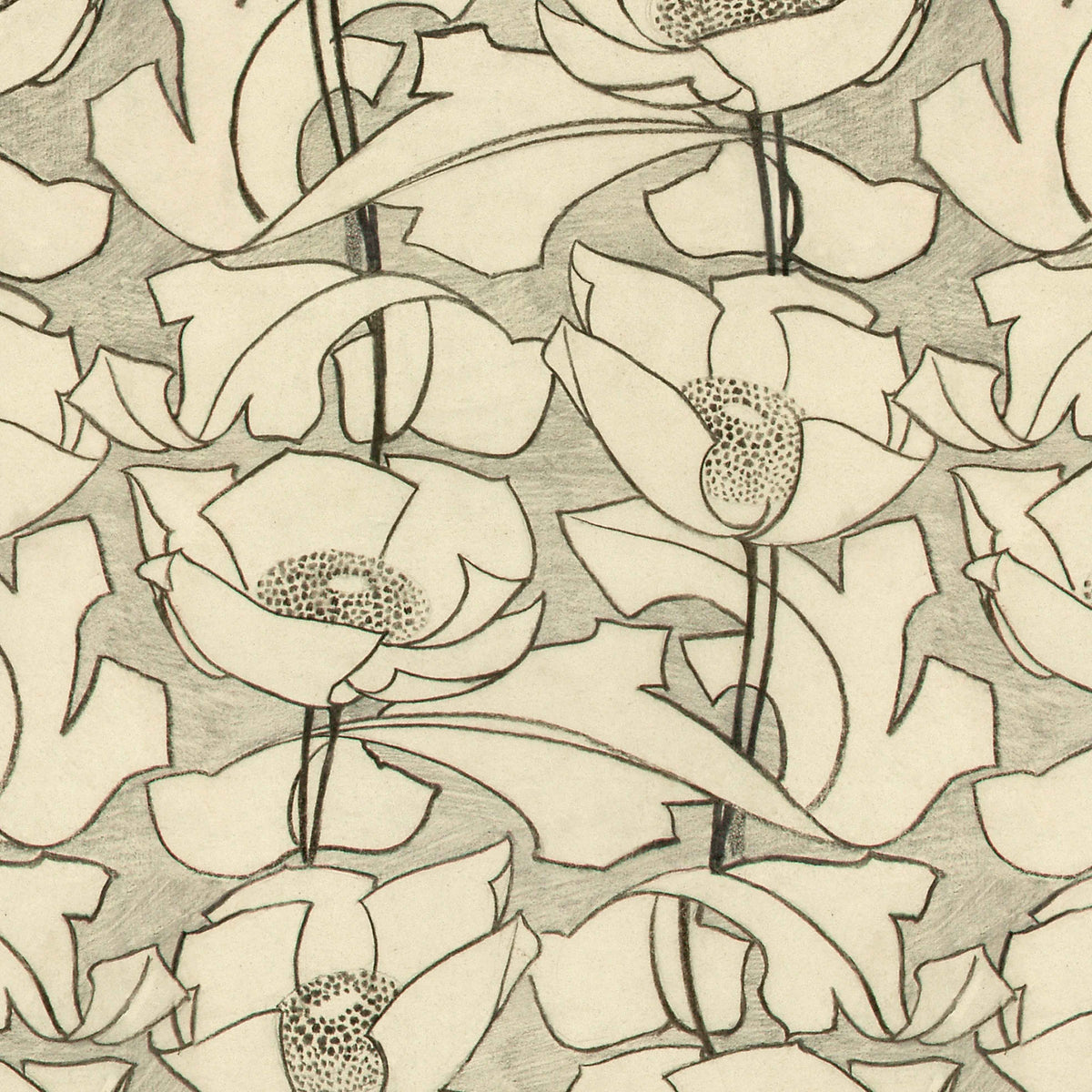 art deco art nouveau  beige and dark brown linen upholstery fabric - Archibald Knox Lus y Chadlee (Poppies) Linen