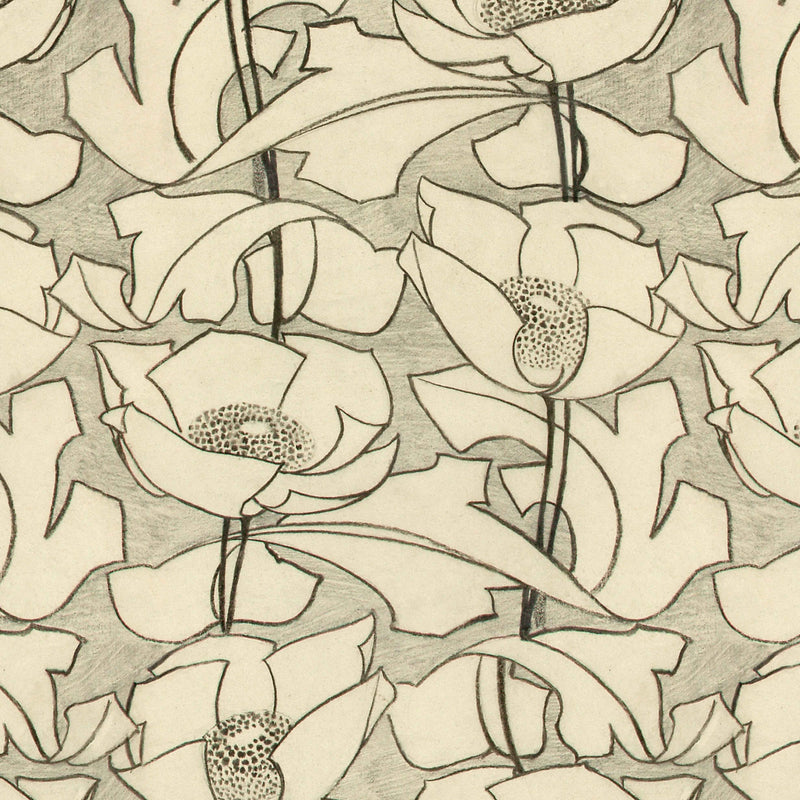 art deco art nouveau  beige and dark brown linen upholstery fabric - Archibald Knox Lus y Chadlee (Poppies) Linen