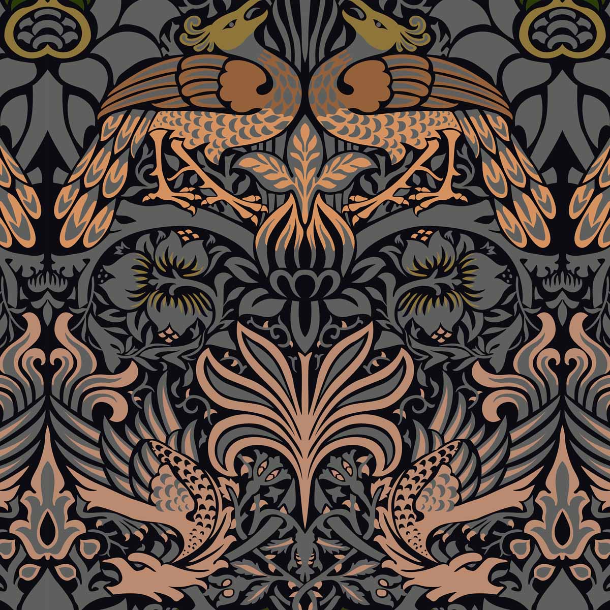 arts and crafts  blue green and brown cotton print fabric - William Morris Designs Peacocks and Dragons Blue Print