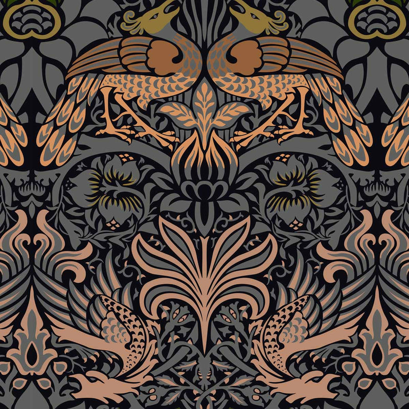 arts and crafts  blue green and brown cotton print fabric - William Morris Designs Peacocks and Dragons Blue Print
