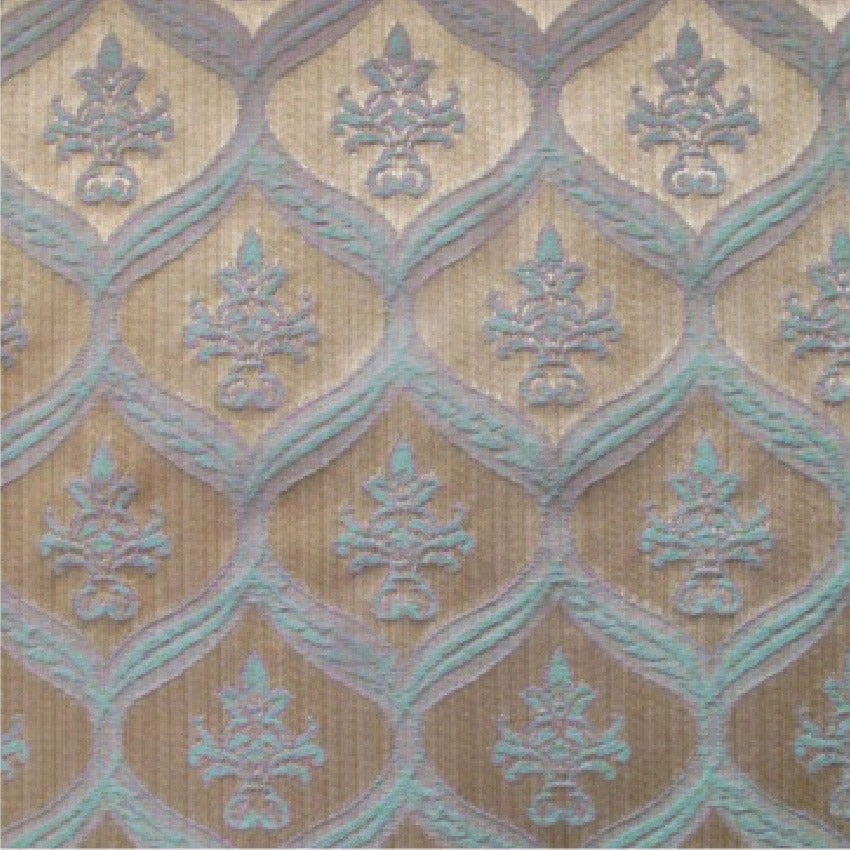 patterned Elegant duck egg blue and gold cotton print curtain and upholstery fabric - Porchester Duck Egg Regency Pattern