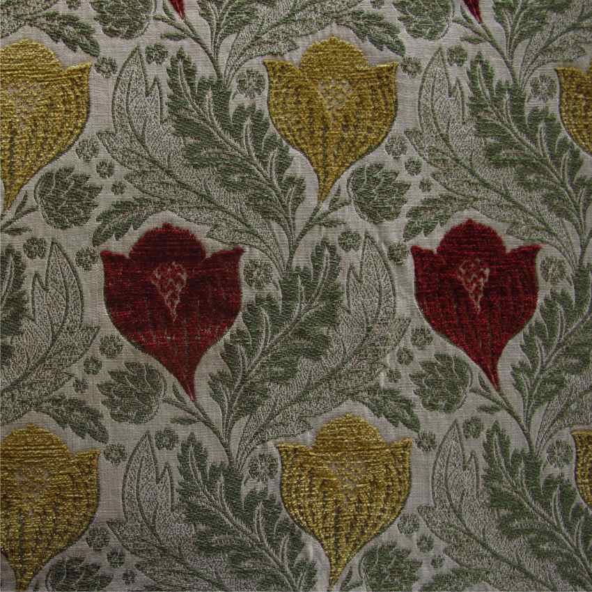 arts and crafts  red, gold and green flat-weave curtain and upholstery fabric - Berkeley Pomegranate Floral