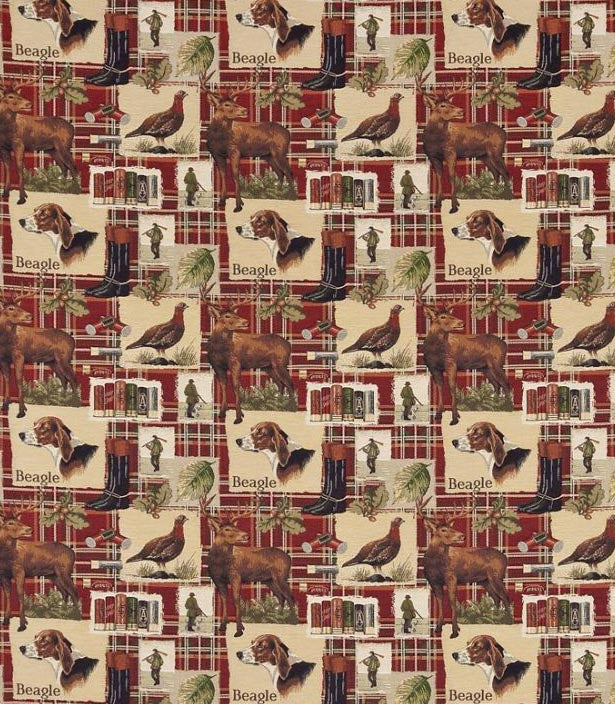 patterned   cotton print curtain and upholstery fabric - Country Life Spaniel Red Plaid Weave