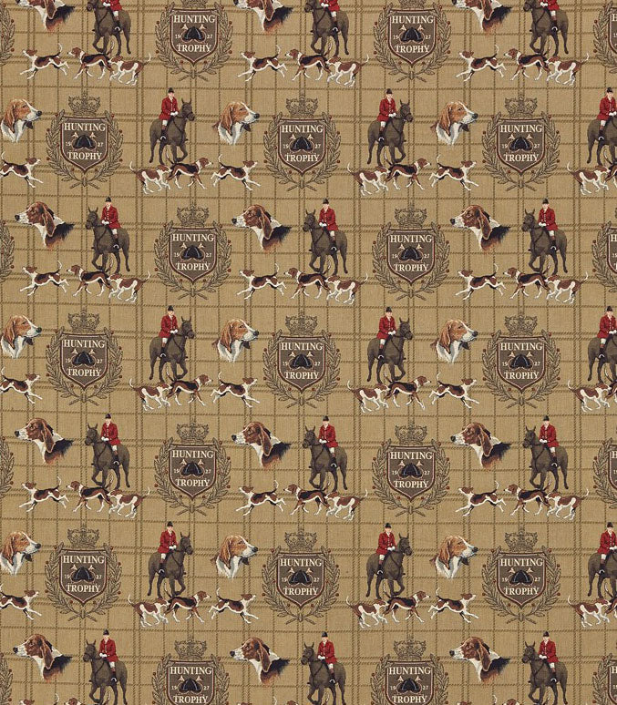 patterned  cream red and green cotton print curtain and upholstery fabric - Country Life Field Trophy Weave