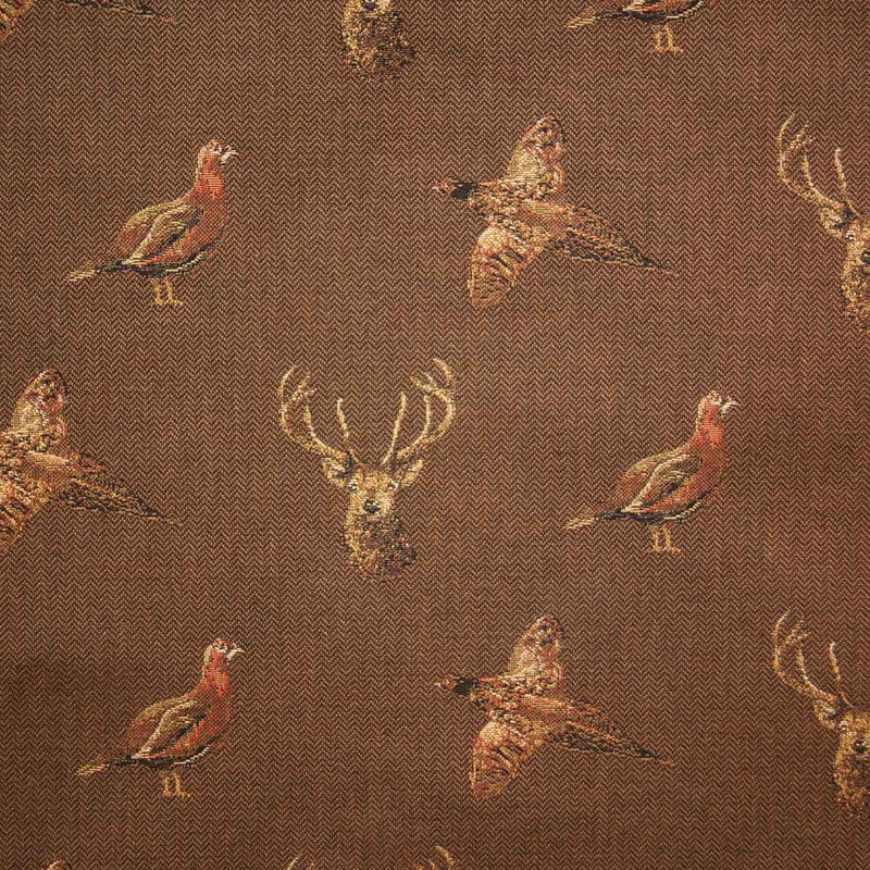 patterned  brown cotton print curtain and upholstery fabric - Country Life Stags and Game Birds