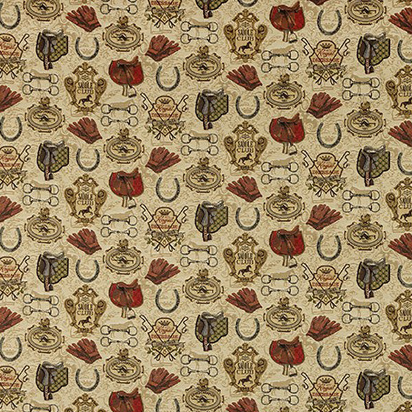 patterned  cream and brown cotton print curtain and upholstery fabric - Country Life Dressage Weave