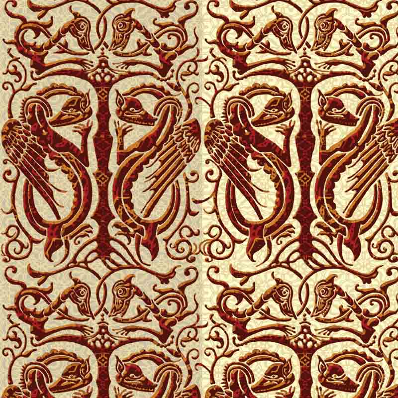 celtic medieval brown and orange cotton print curtain and upholstery - Guinevere Medieval Basilisk (2 tone background) Print