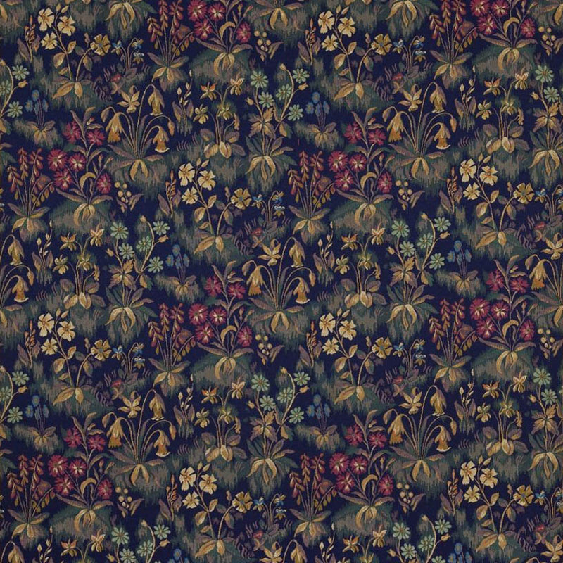 celtic medieval  blue brown and green wool curtain and upholstery fabric - Guinevere Medieval Medieval Flowers