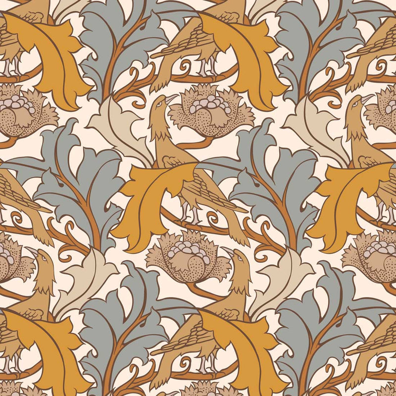 arts and crafts  gold brown and grey cotton print curtain and upholstery fabric - Charles Voysey Eagle and Leaf