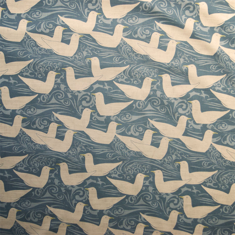 blue and cream cotton print fabric, blue and cream cotton fabric, arts and crafts blue and cream upholstery fabric,  Cream Gulls