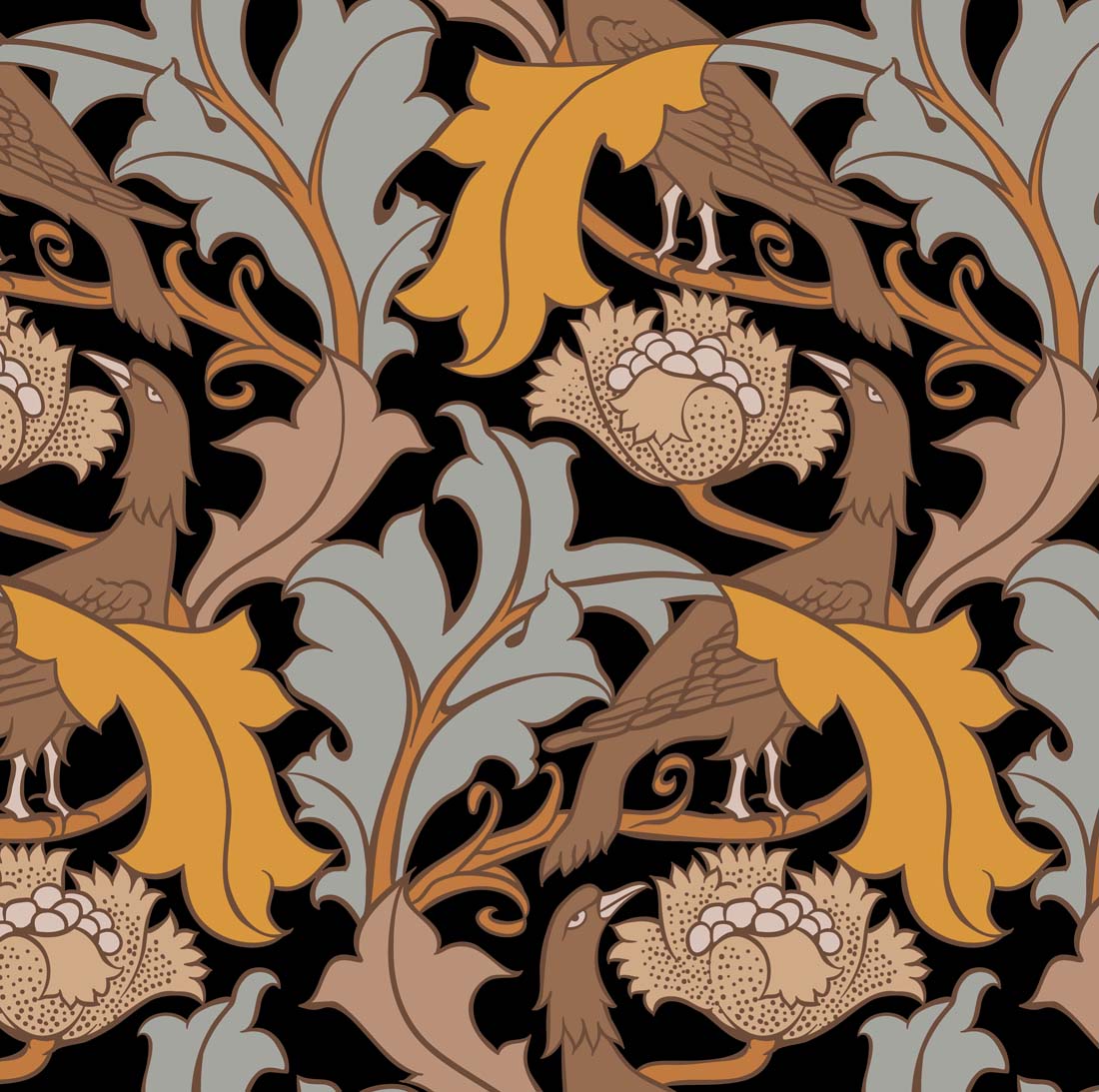 arts and crafts  gold brown and black cotton print curtain and upholstery fabric - Charles Voysey Eagle and Leaf on Black