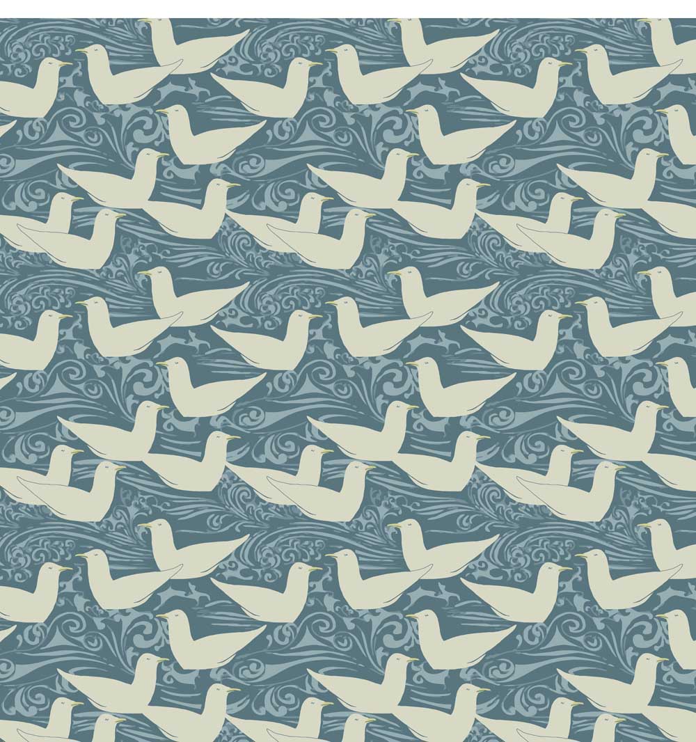 blue and cream cotton print fabric, blue and cream fabric, arts and crafts blue and cream upholstery fabric,  Cream Gulls