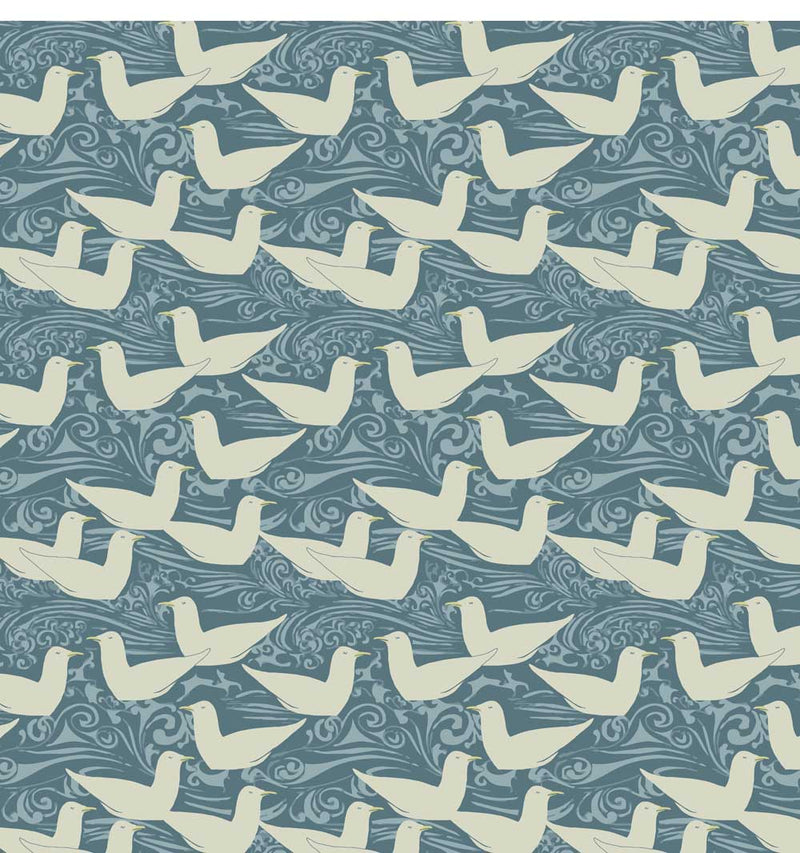 blue and cream cotton print fabric, blue and cream fabric, arts and crafts blue and cream upholstery fabric,  Cream Gulls
