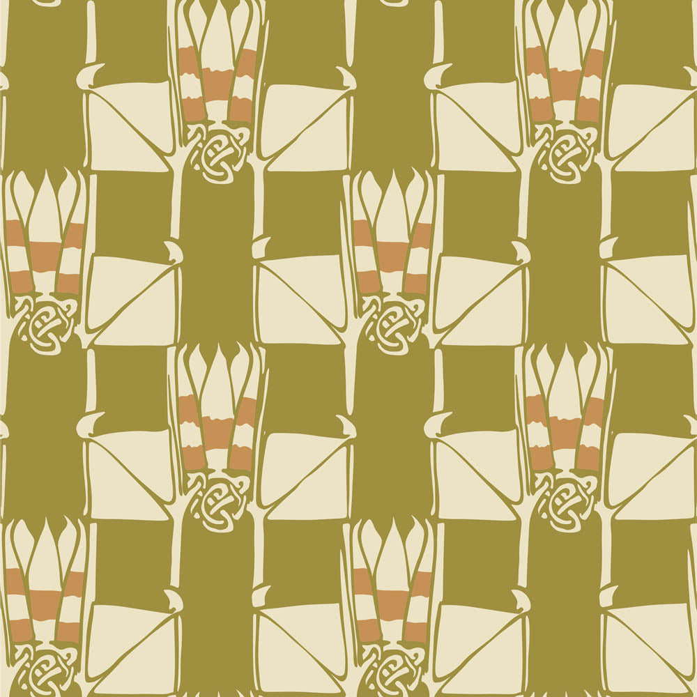 green amber and cream   fabric - Mannanin Archibald Knox Celtic Leaf Design