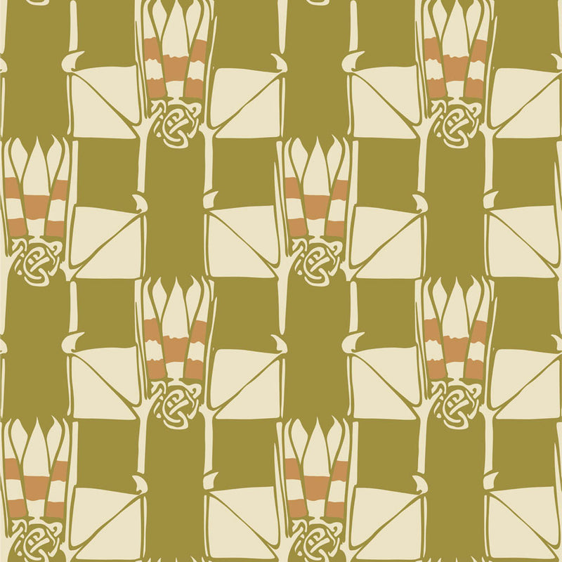 green amber and cream   fabric - Mannanin Archibald Knox Celtic Leaf Design